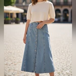 Zara Button Down Midi Denim Skirt XS